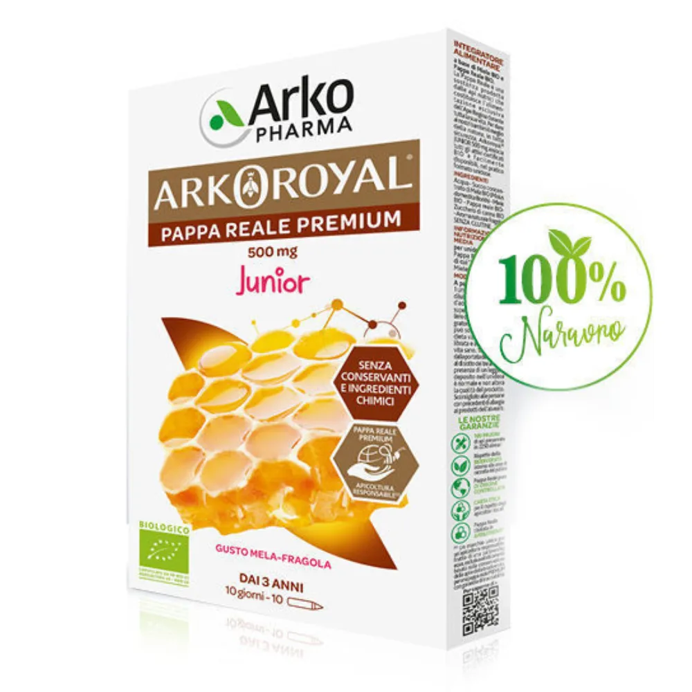 Arkoroyal Junior Bio Matični mleček 500 mg z okusom jagode, ampule (10 x 15 ml)